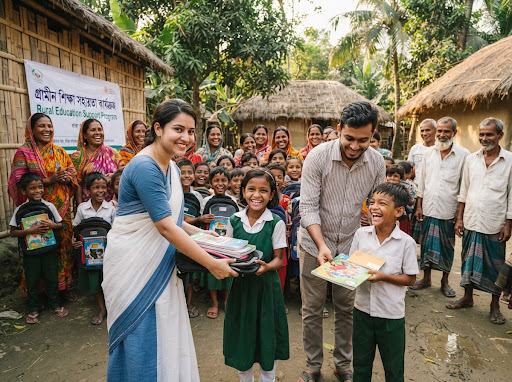শিশুদের মাঝে শিক্ষা উপকরণ বিতরণ করছেন সংগঠনের স্বেচ্ছাসেবীরা